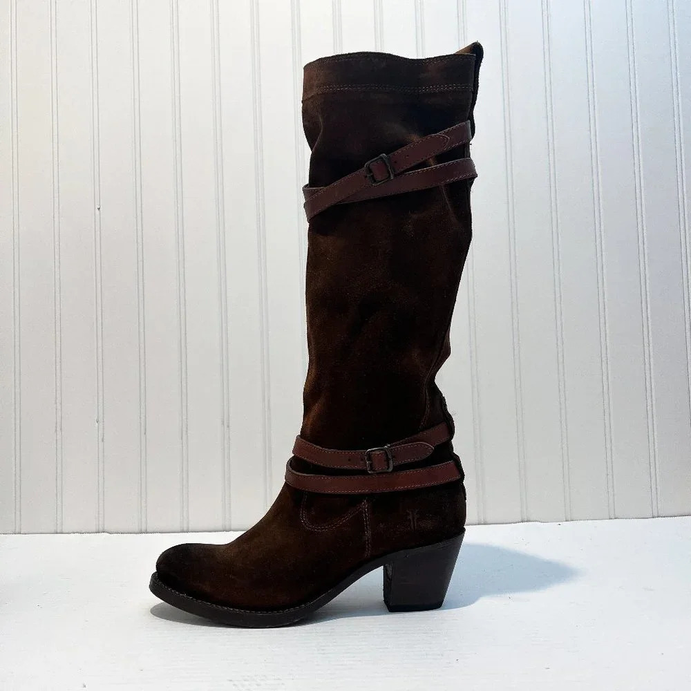 Frye Slouchy Suede Knee High Buckle Western Bohemian Block Heel Boots 7 NWOT - Picture 2 of 13
